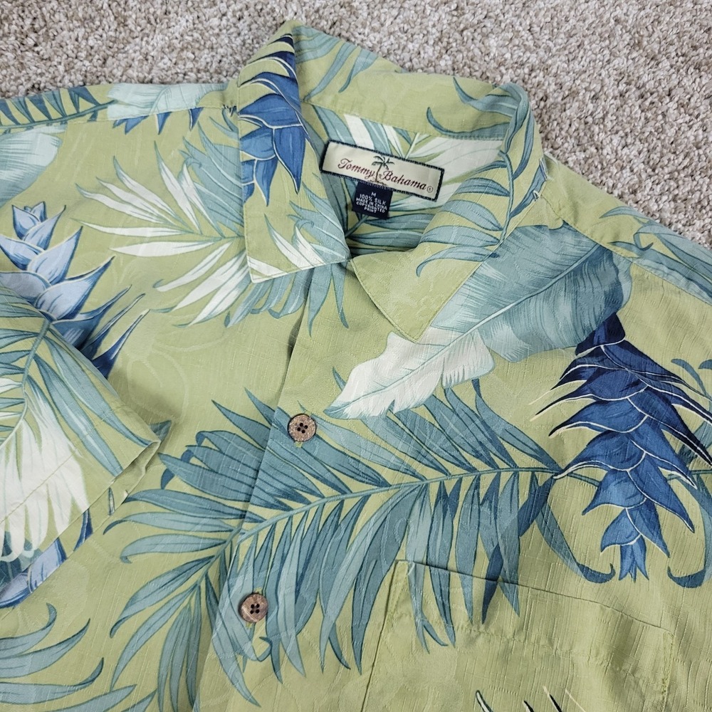 Tommy Bahama Mens Medium Green AOP Floral Hawaiian Short Sleeve 100% Silk